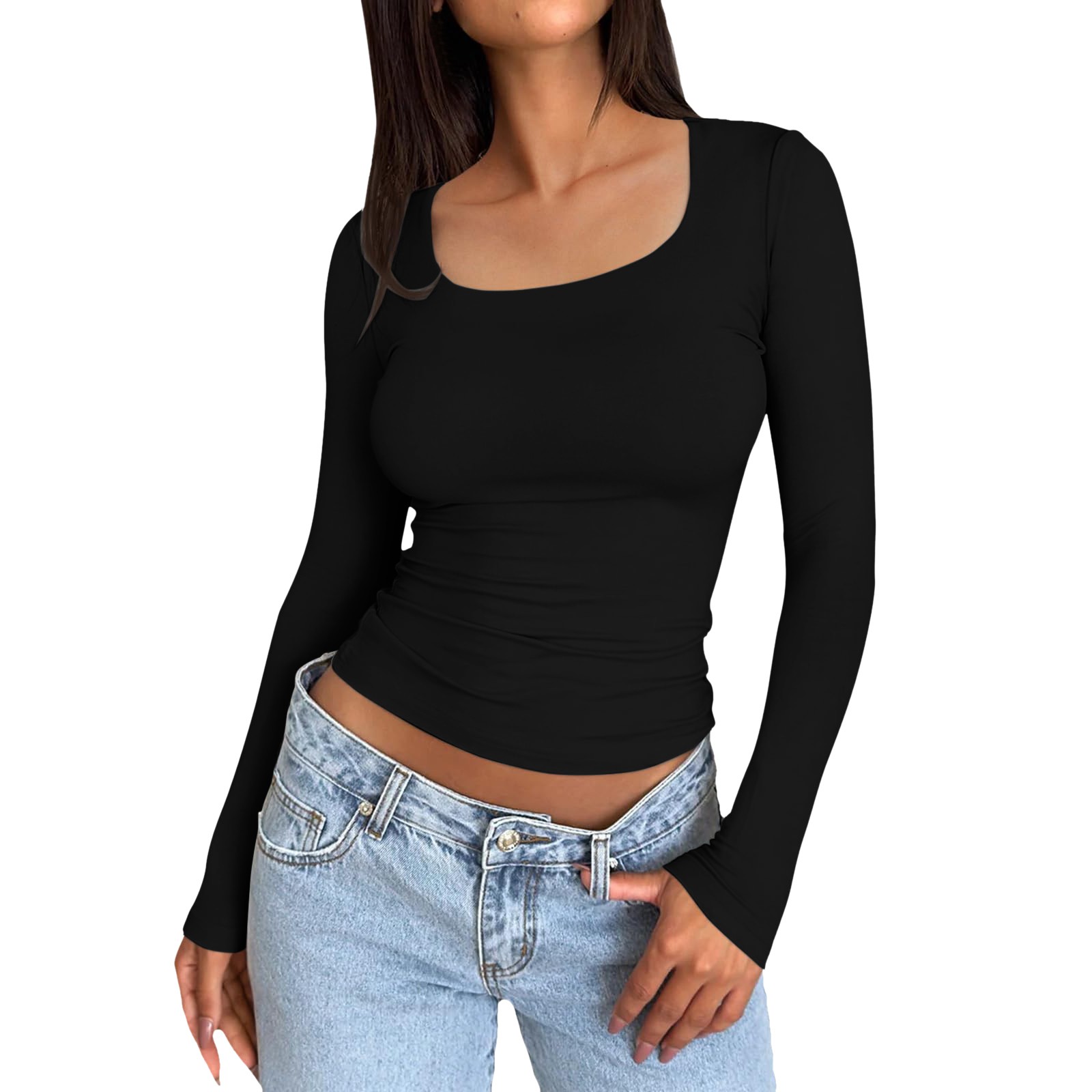thumbnail image 1 of Tops ajustados para mujer: top corto de manga larga y cuello redondo, básico, ajustado, mezcla de poliéster, para entrenamiento/yoga/informal, tallas S-XL, 1 of 5